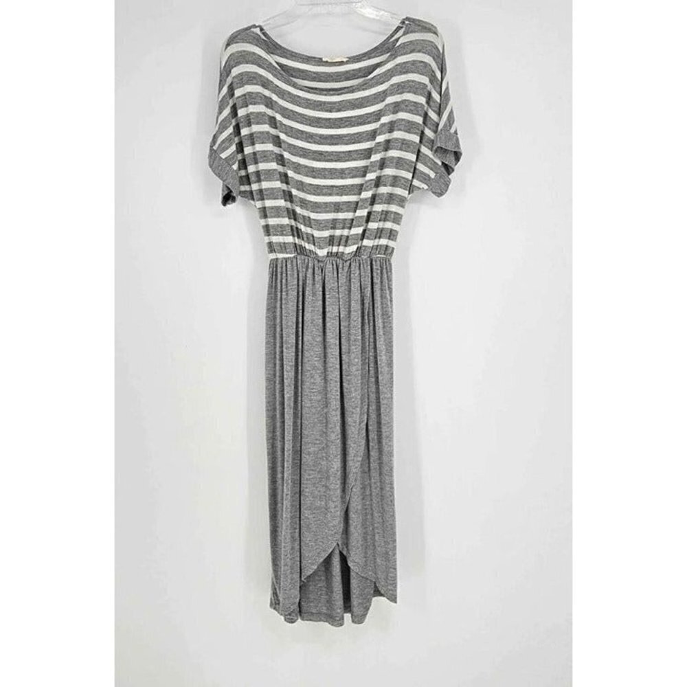 ODDY Gray Stripe Short Sleeve Back Tie Elastic Waist Faux Wrap Skirt Dress M/L
